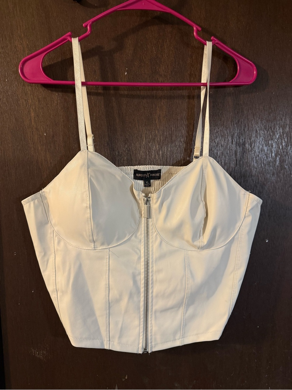 Almost Famous Cream Faux-Leather Bustier Crop Top with Front Zip